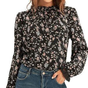 NWT GRACE KARIN Black Floral Long Sleeve Ruffle Frill Neck Size Blouse Size 2XL